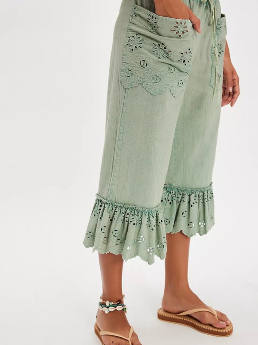 Free People Washed Perla Bloomers Pants Eyelet Embroidered Ruffle Green L